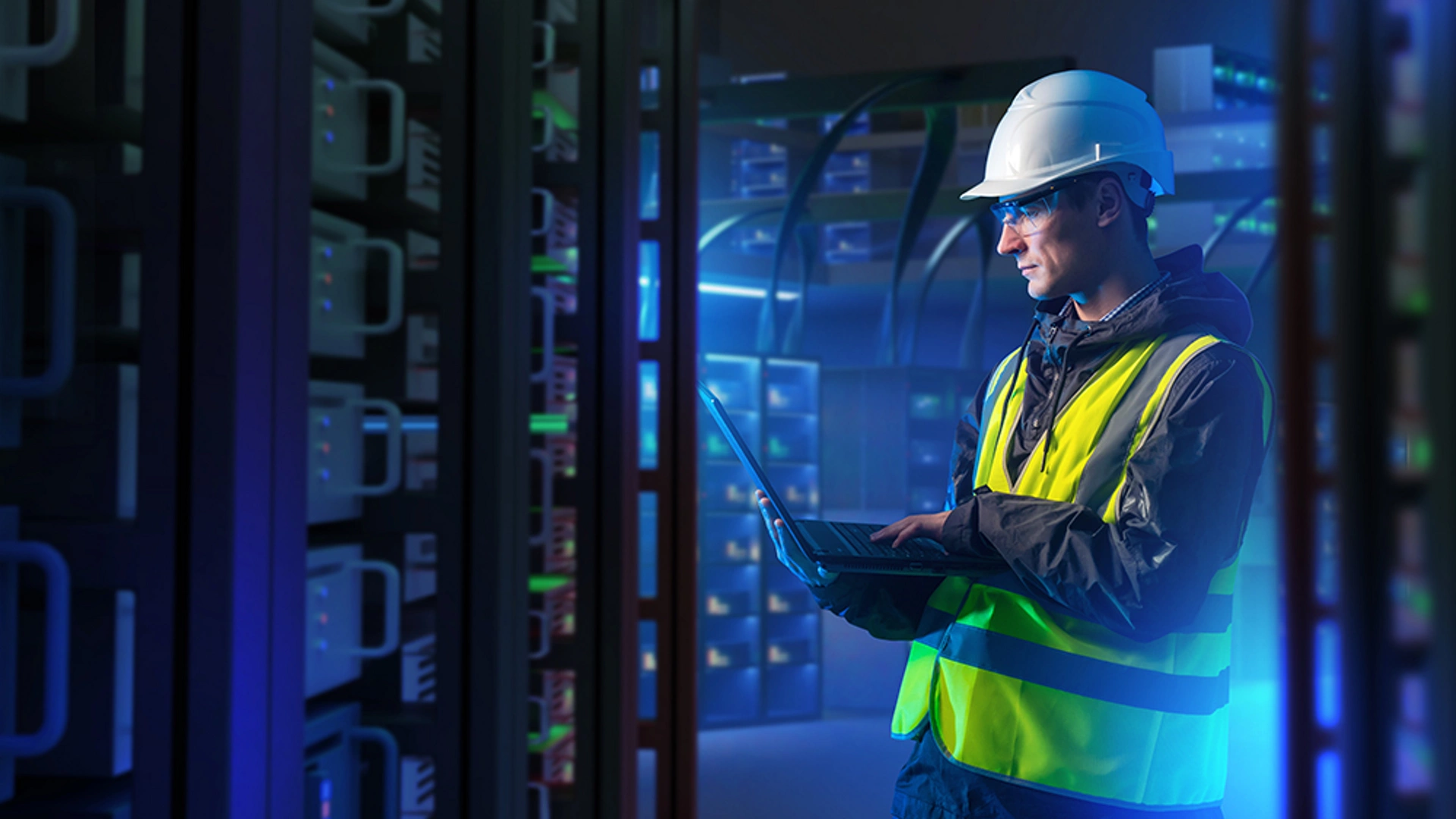 Man with laptop in server room. System administrator for industrial companies. Guy with computer. Server racks emit neon light. Maintenance industrial server equipment. Man in helmet in data center