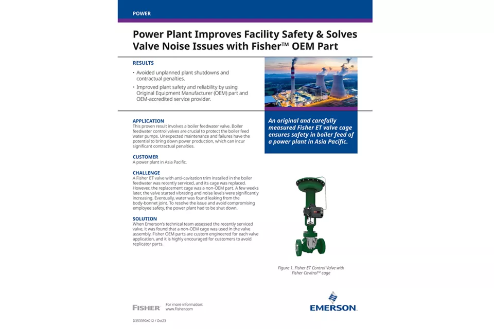 Fisher™ OEM 부품을 사용하여 발전소가 시설 안전을 어떻게 개선하는지 알아보십시오