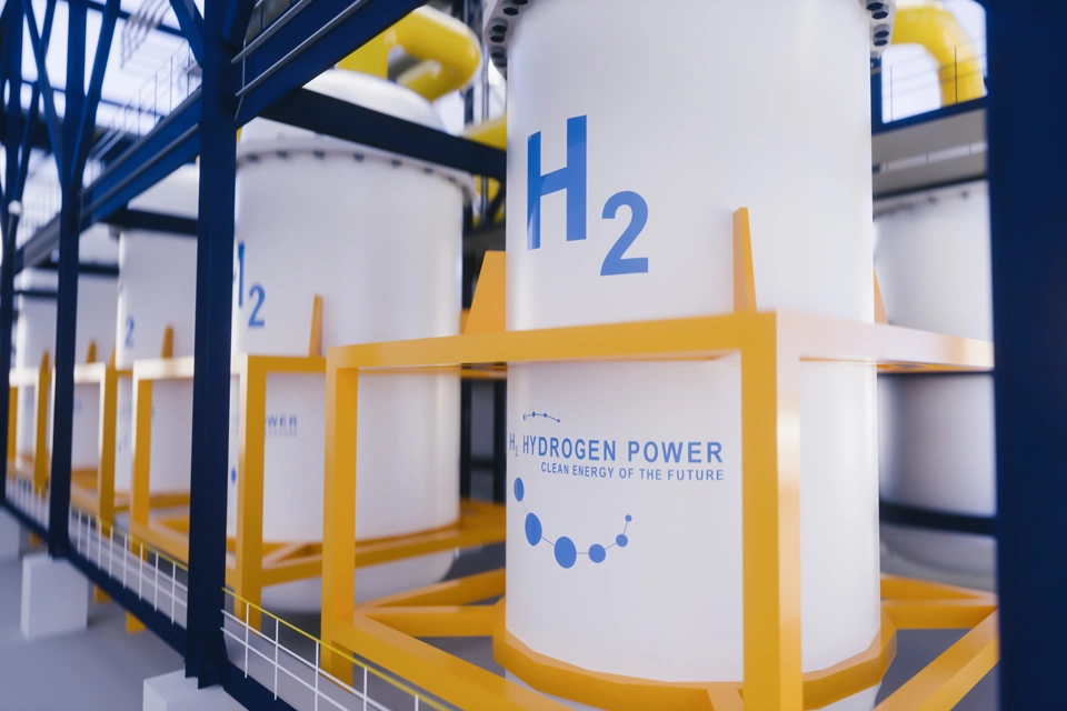 Hydrogen renewable energy production - hydrogen gas for clean electricity solar and windturbine facility. 3d rendering.