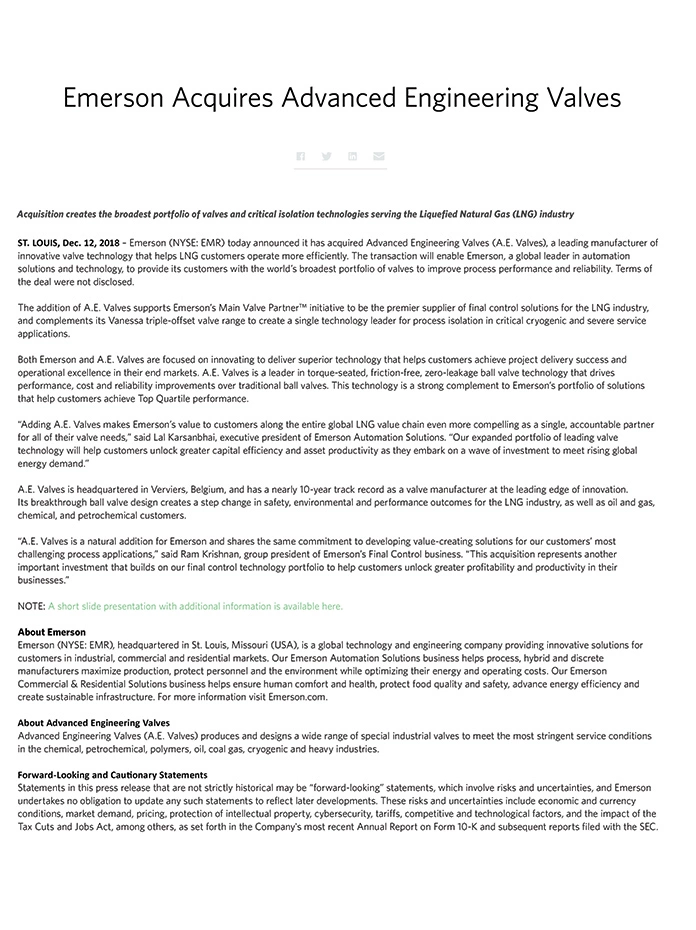 Emerson Acquires Advanced Engineering Valves