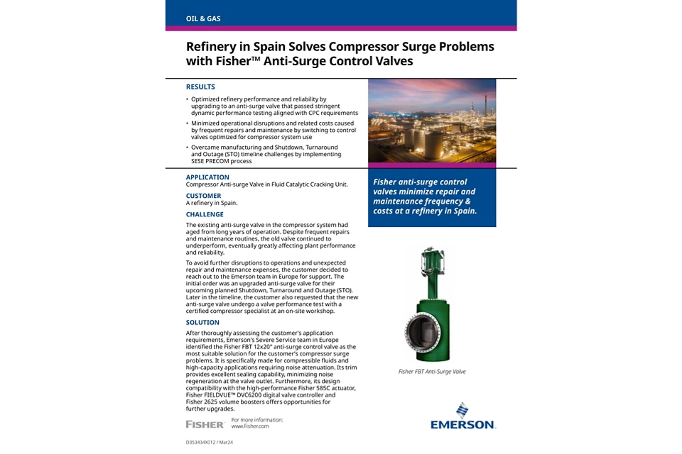 사례 연구: 스페인 정유소가 Fisher 서지 방지 제어 밸브로 압축기 서지 문제를 해결