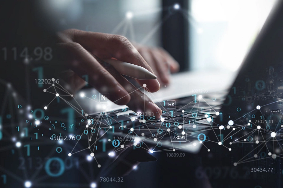 Digital technology, internet network connection, data exchange, software development, IoT internet of things. Woman using computer with binary code software development, technology background