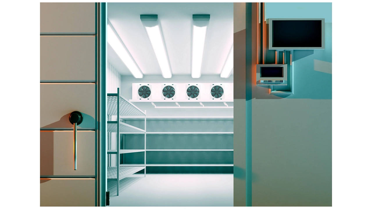 Open warehouse door. Freezing of products. Refrigeration room in stock products. Refrigeration equipment. Freezer with an automatic door. Storage of goods on warehouse shelves.