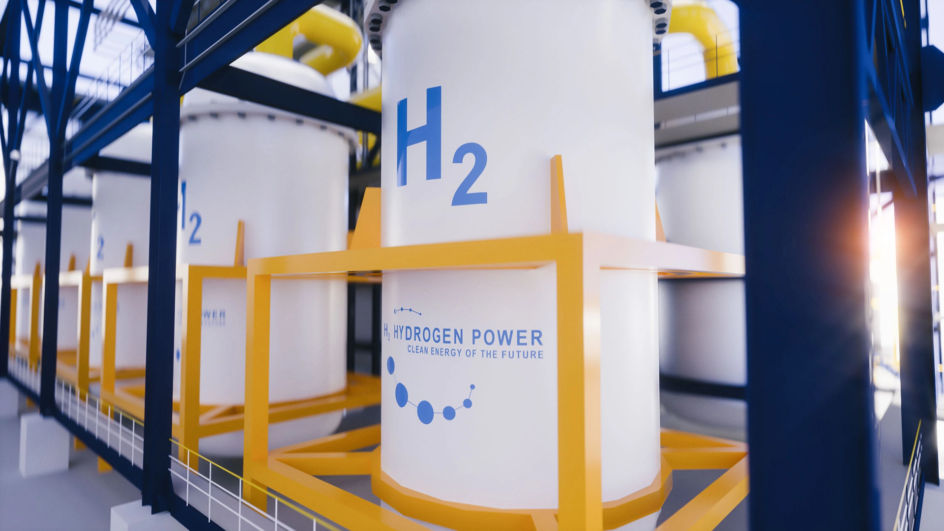 Hydrogen renewable energy production - hydrogen gas for clean electricity solar and windturbine facility. 3d rendering.