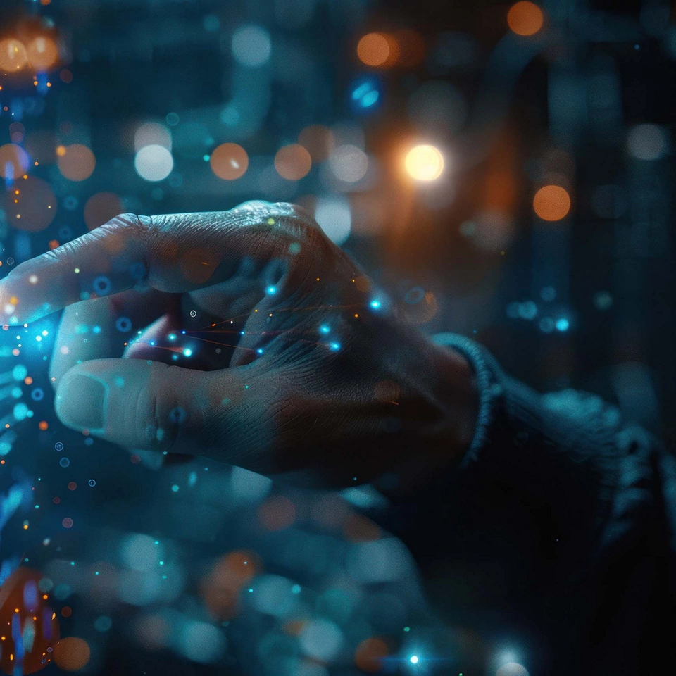 A hand interacting with a glowing blue digital interface, representing futuristic technology and cybersecurity. The background is creating a high-tech, abstract environment, AI-generated.