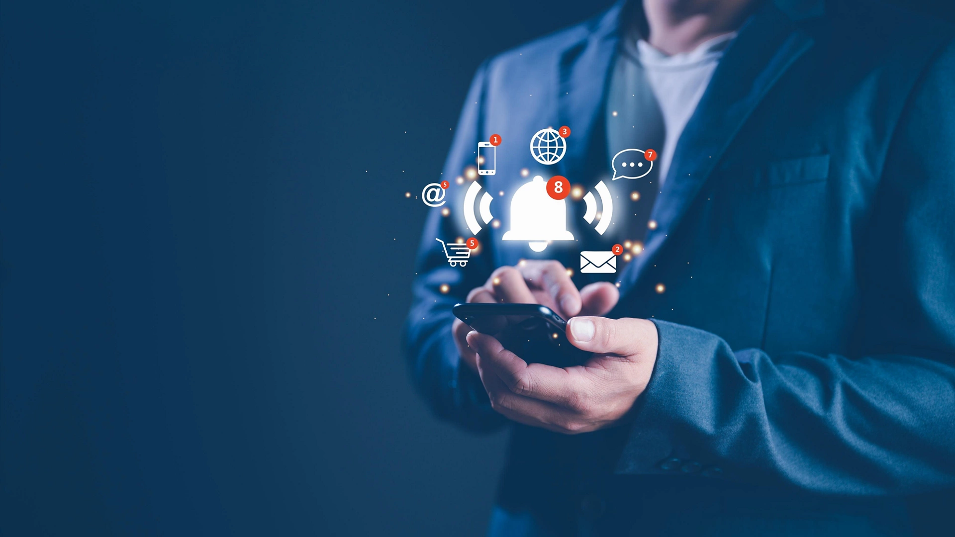 Businessman using smart phone with virtual bell ringing for application notification alert concept. social media and internet network notification alert, email, telephone, chat, shopping online.