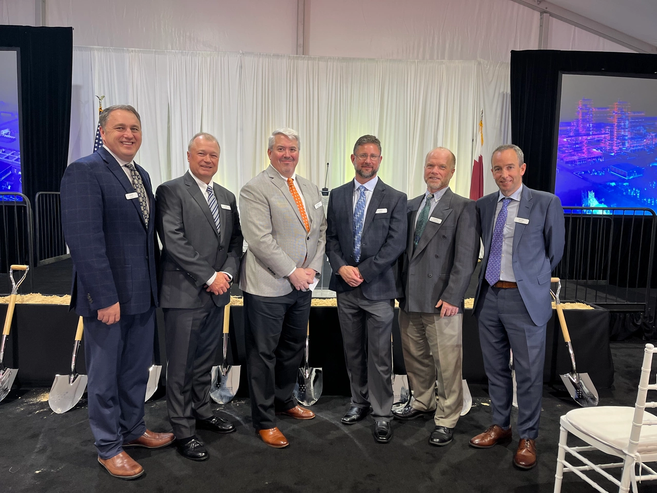As lead automation supplier, Emerson joined the Golden Triangle Polymers Project groundbreaking, a Chevron Phillips Chemical and QatarEnergy joint venture. Pictured from left to right are Joe Herink, president and CEO of Scallon Controls, Ron Martin, president Americas for Emerson's global sales, Keven Dunphy, vice president and general manager of Emerson's measurement solutions business, Ron Mitchel, project director for the Golden Triangle Project with Emerson's process systems and solutions business, Dave Godard, project director of the Golden Triangle Project for Chevron Phillips Chemical and Liam Hurley, vice president North America for Emerson's process systems and solutions business.