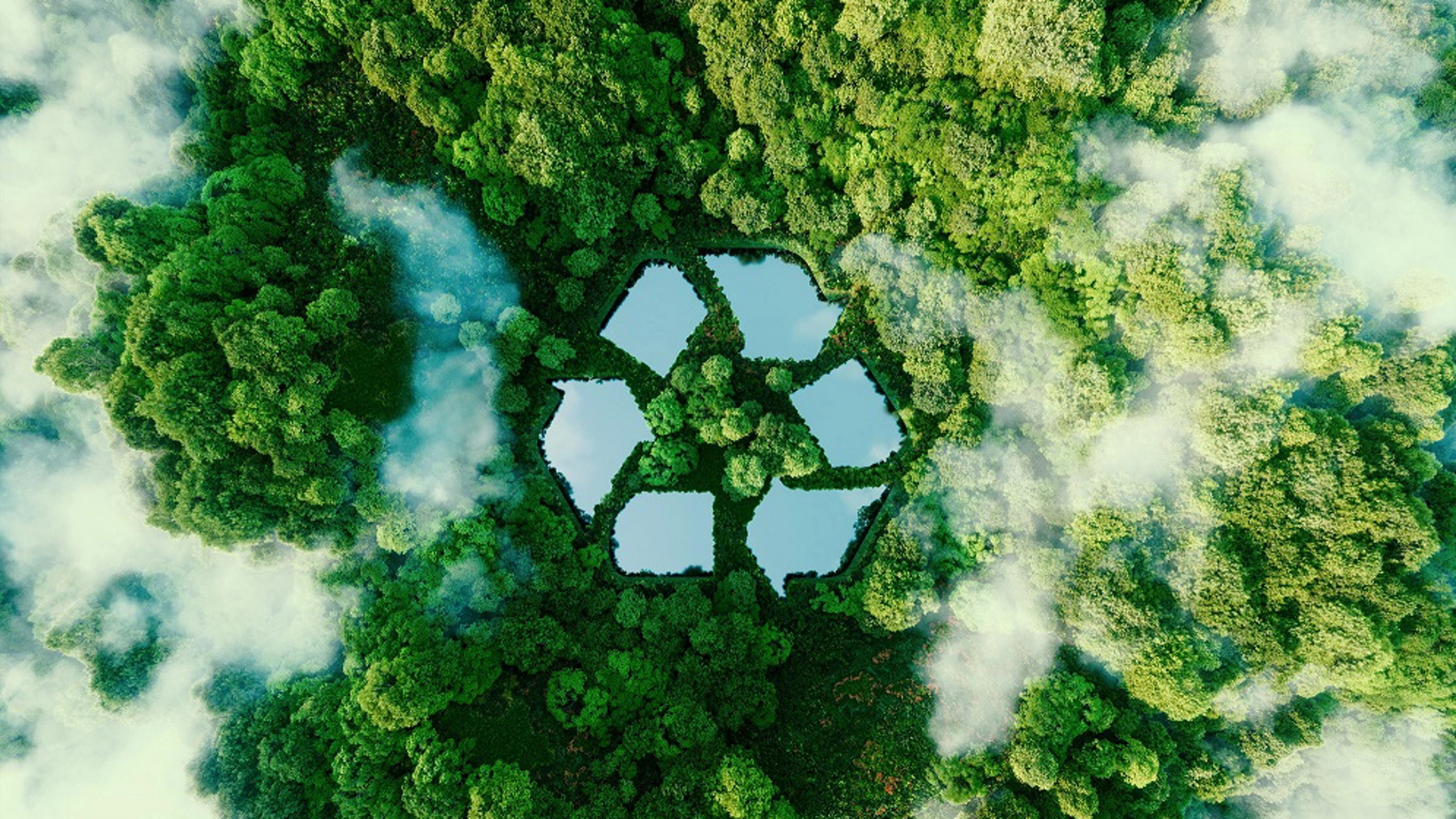 A lake in the shape of a recycling sign in the middle of untouched nature. An ecological metaphor for ecological waste management and a sustainable and economical lifestyle. 3d rendering.