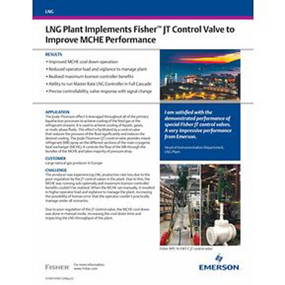 LNG 플랜트, Fisher™ JT 제어 밸브를 구현하여 MCHE 성능을 향상시킵니다.