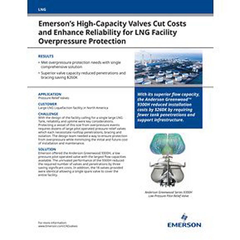 Emerson의 대용량 밸브는 비용을 절감하고 LNG 시설 과압 보호에 대한 신뢰성을 향상시킵니다.