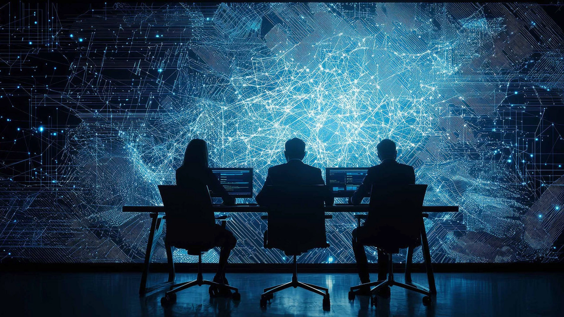 Three professionals analyzing data against a vibrant blue digital backdrop, representing technology and teamwork in the modern workspace.