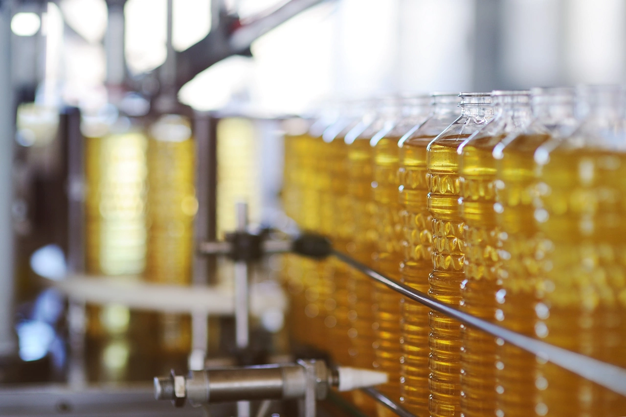 Sunflower oil in the bottle moves along the conveyor line. Production of vegetable refined oil from sunflower seeds