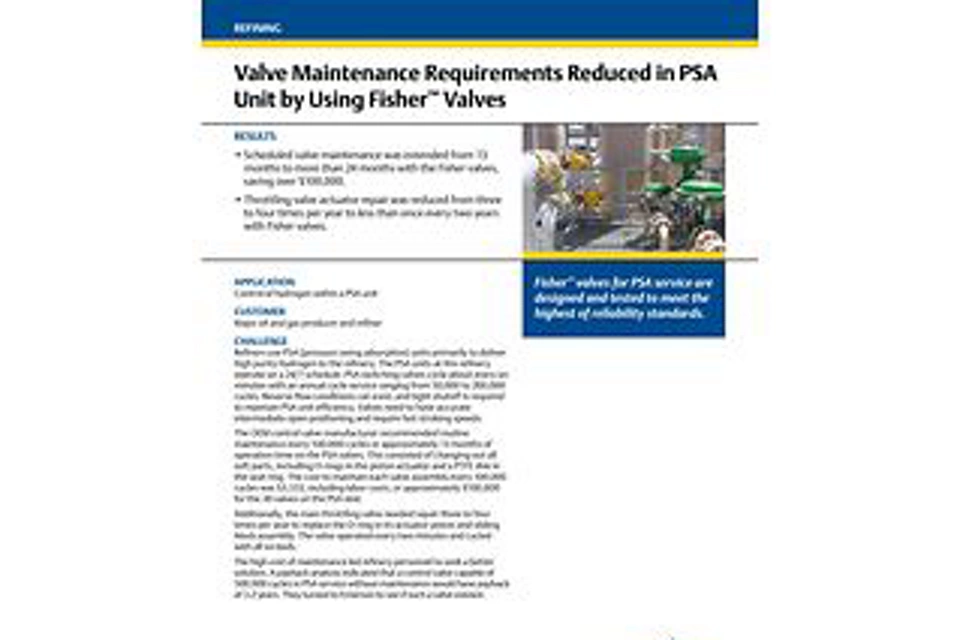 사례 연구: Fisher 밸브를 사용하여 PSA 유닛에서 밸브 유지 관리 요구 사항 감소