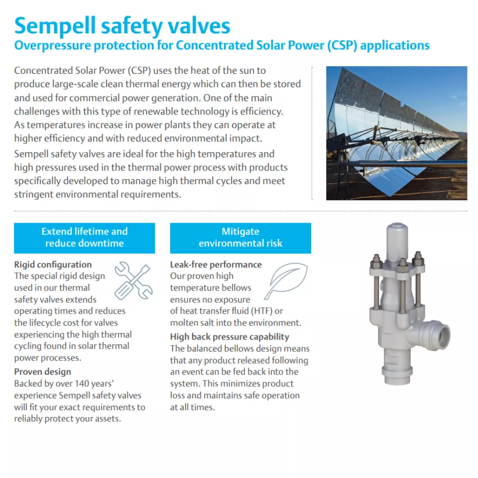 자료: 집중형 태양광 발전(CSP) 응용 분야를 위한 Sempell 안전 밸브