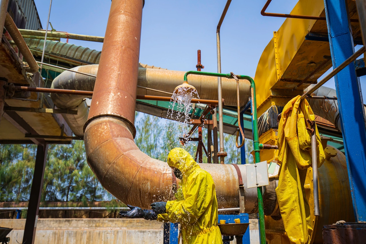Male workers dressing in protective shower detoxification suit clean up after sealing a leaking container from corrosive toxic hazardous