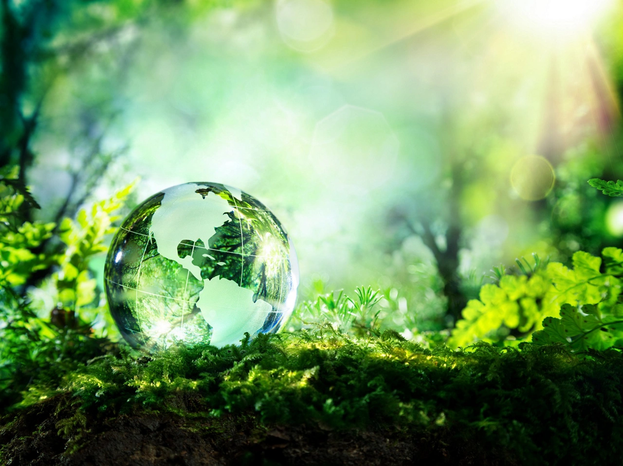 crystal globe resting on moss in a forest - environment concept