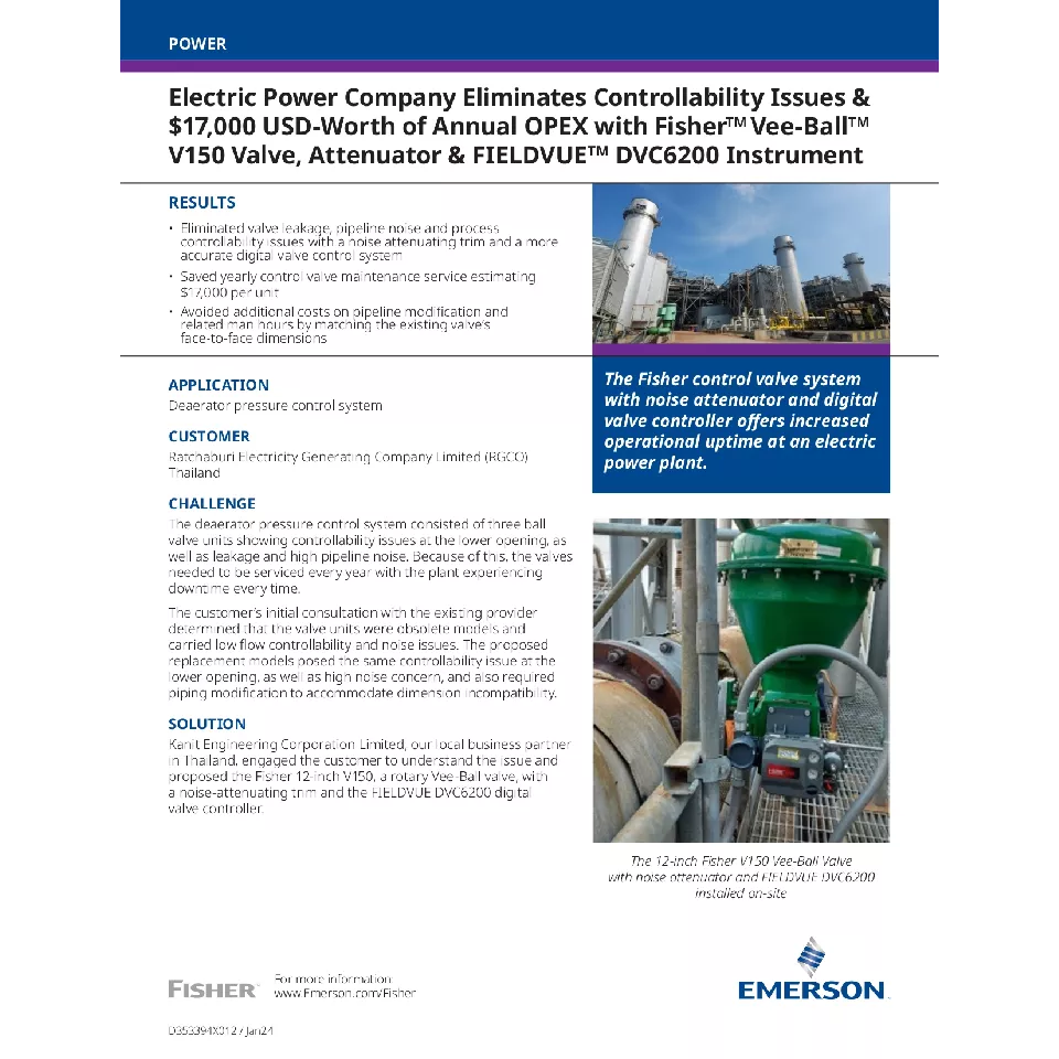 사례 연구: 전력 회사가 Fisher Vee-Ball V150 밸브, 감쇠기 및 FIELDVUE DVC6200 계기를 통해 제어 가능성 문제와 17천 달러(미화) 상당의 연간 OPEX를 절감함