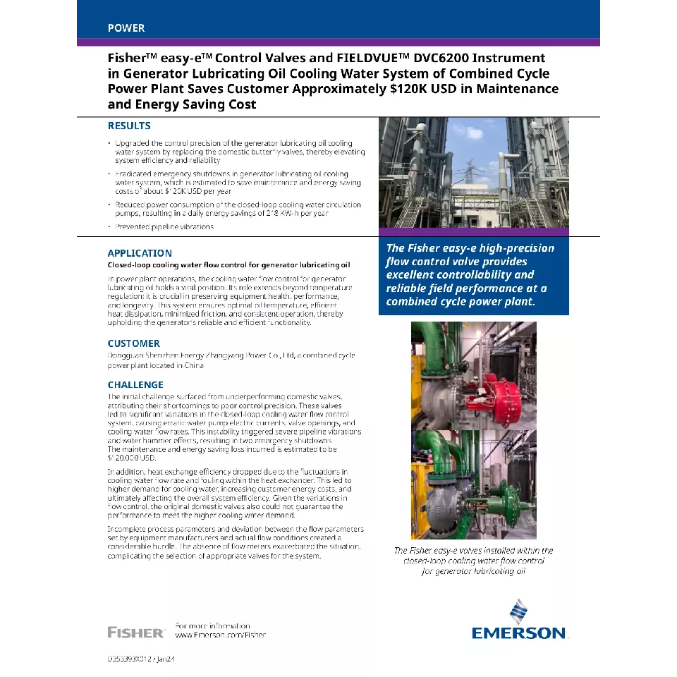 사례 연구: Fisher easy-e 제어 밸브 및 FIELDVUE DVC6200 계기의 발전기 윤활 오일 냉각수 시스템의 결합 사이클 발전소가 약 12만 달러(미화)에 달하는 고객의 유지 및 에너지 절약 비용을 절감함