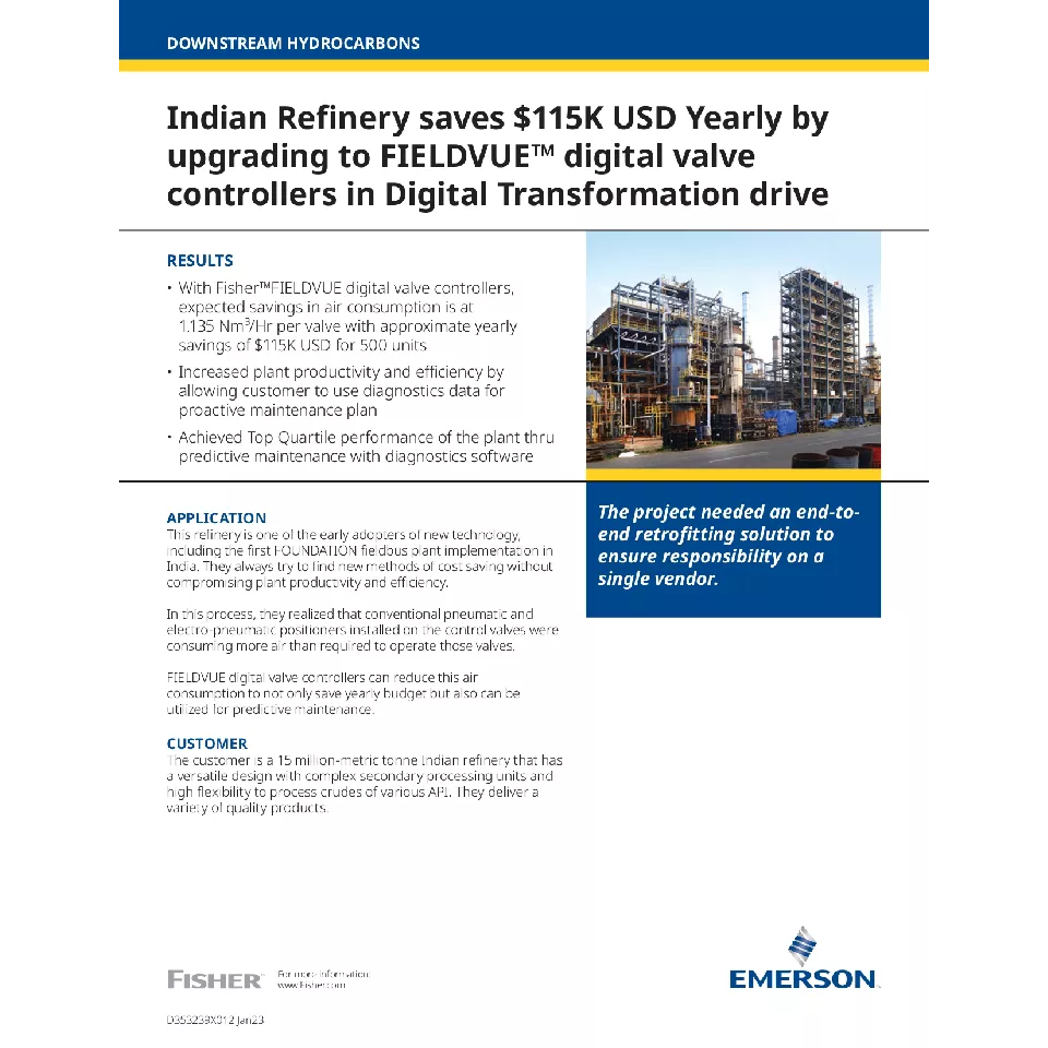 사례 연구: 인도 정유소는 디지털 전환을 통해 디지털 밸브 제어기로 업그레이드하여 연간 11만 5천 달러(미화)를 절감함