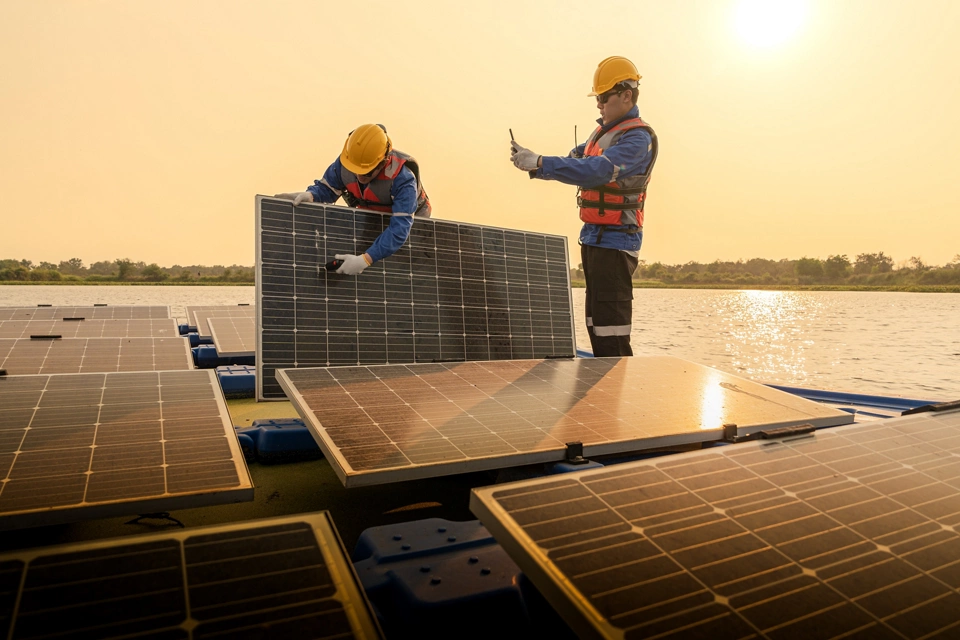 Male workers repair Floating solar panels on water lake. Engineers construct on site Floating solar panels at sun light. clean energy for future living. Industrial Renewable energy of green power